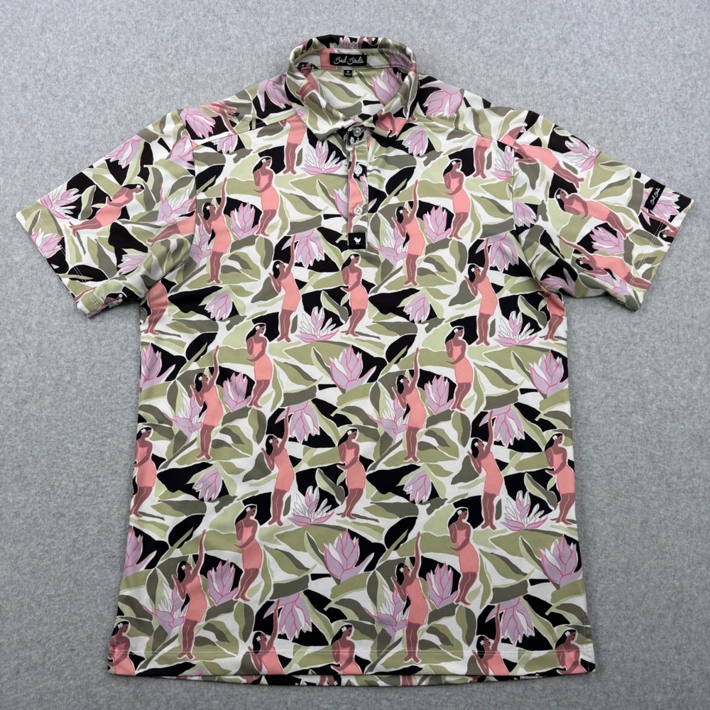 Bad Birdie Polo Shirt Mens Medium Green Hula Girl‎ Floral Performance Golf
